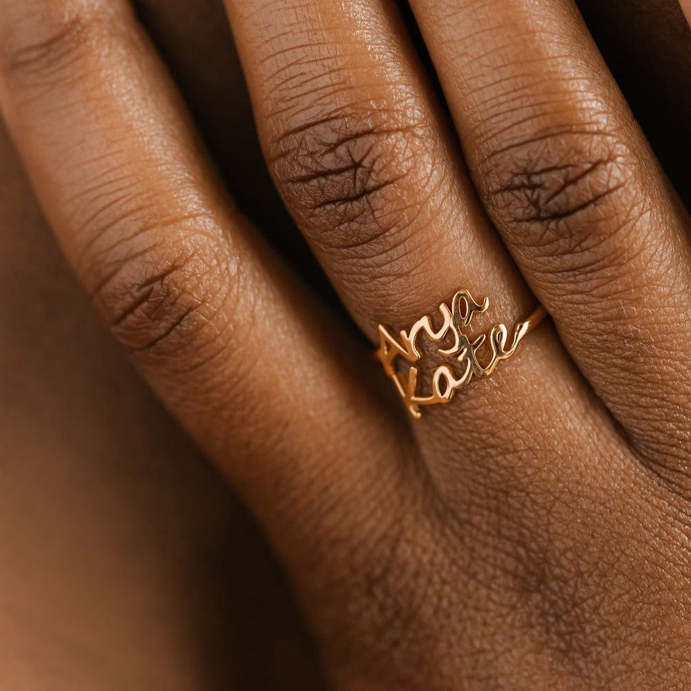 custom gold two name ring