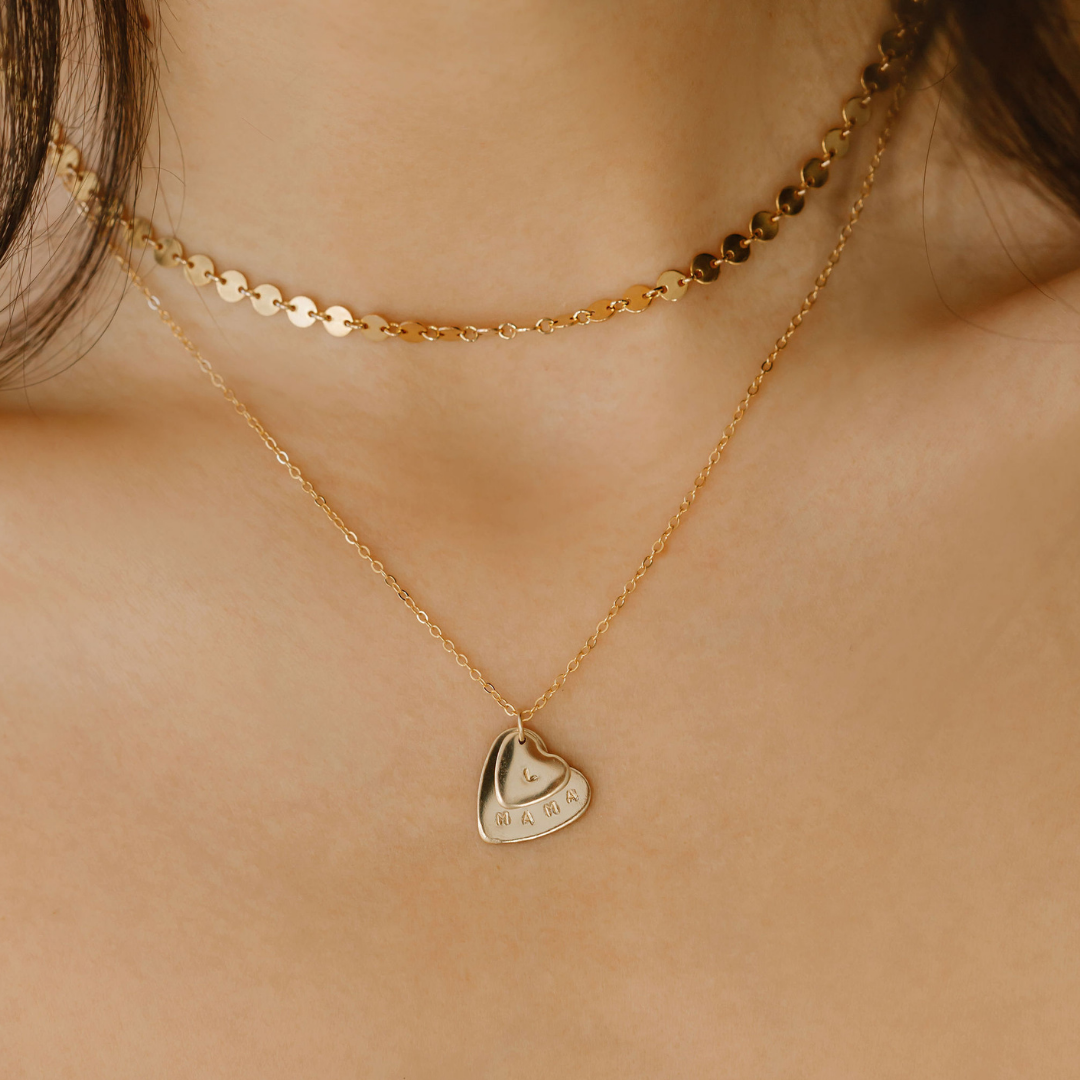 Dazzle Disc Choker Layered With Double Heart Necklace