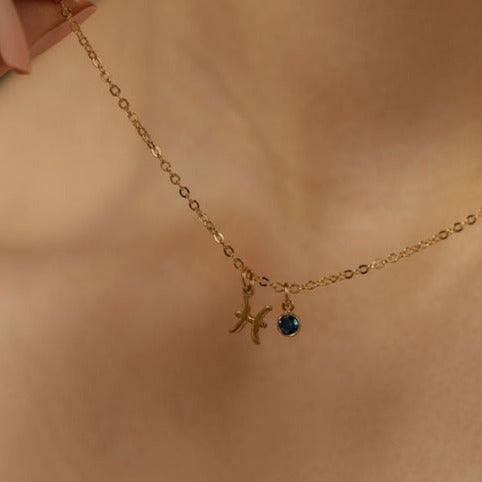 Zodiac Charm Necklace With Tiny Birthstone - M E I R A K O