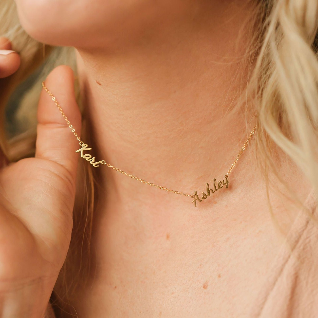 multiple name necklace in dancing script font